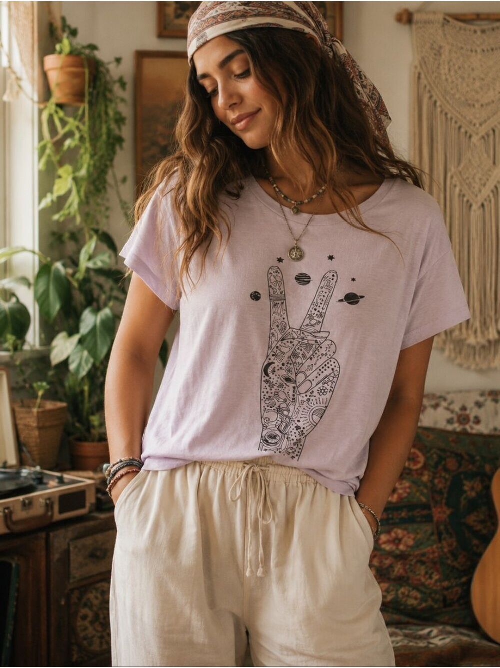 Natural by KNOWN SUPPLY Lavender Space Peace Sign Graphic Crop Tee M